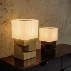 Table<Kelly Wearstler nucleo 14" accent lamp MUSEUMBLACKWITHLINENSHADE